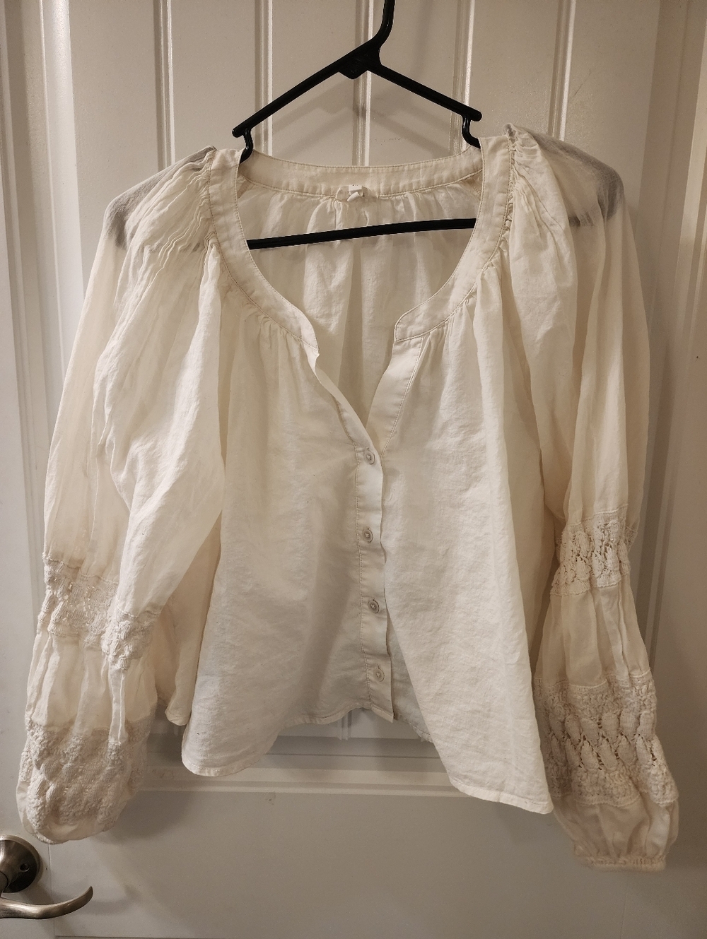 AERIE Cream Boho Blouse Lace Sleeve Button Top Cotton Size S